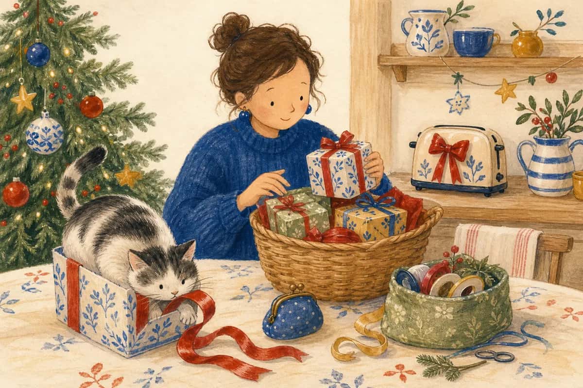 Une personne organise quelques cadeaux de Noël près d’une petite bourse, tandis qu’un chat tente de se glisser dans une boîte trop petite.