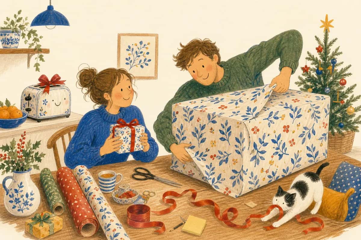 A couple chooses Christmas gifts at a table, with a small, carefully wrapped package and a box too large to wrap.