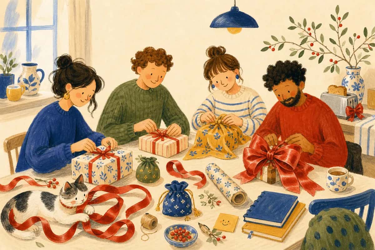 Des collègues emballent de petits cadeaux autour d’une table de bureau, tandis qu’un minuscule paquet disparaît sous un énorme nœud.