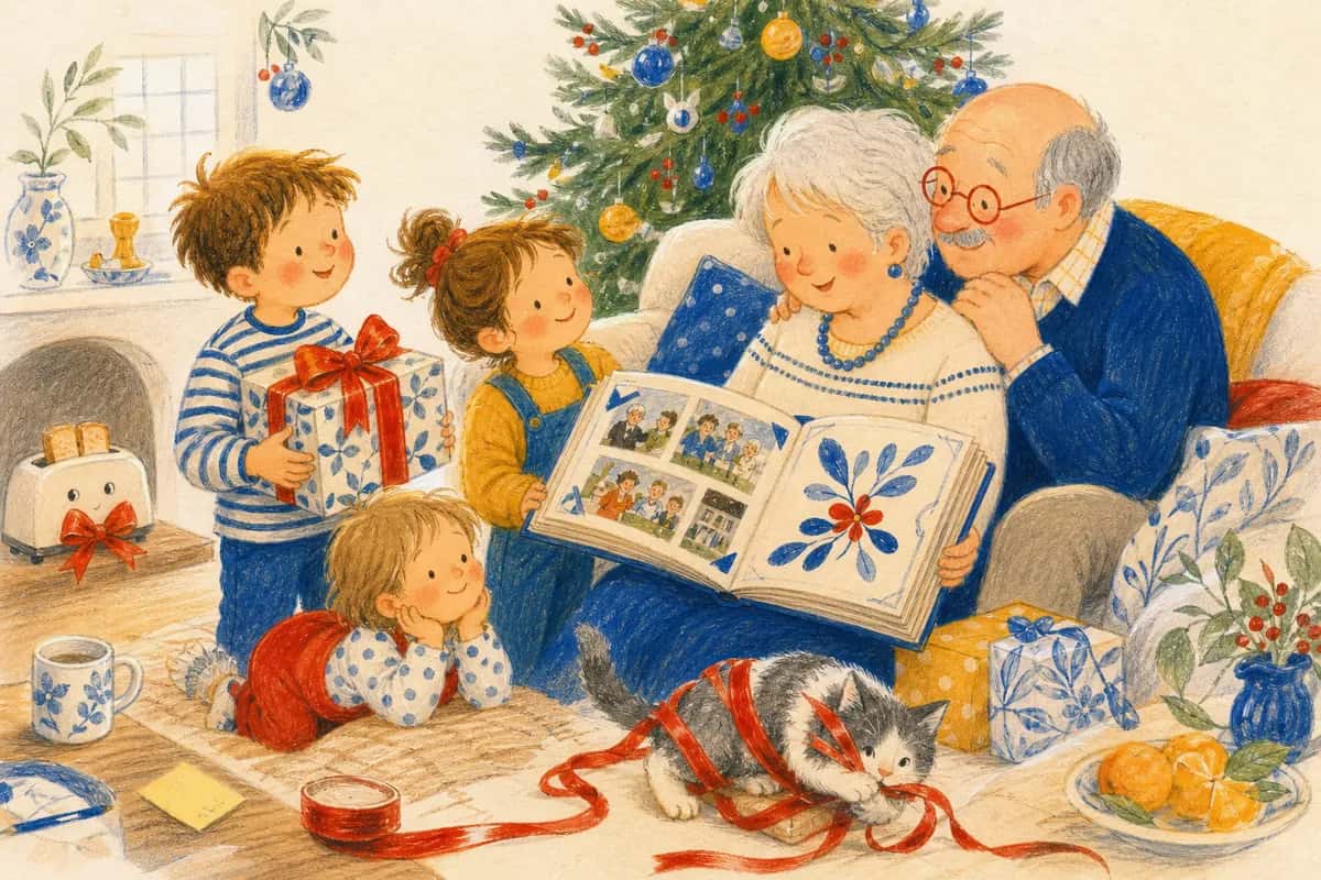 Kleinkinderen geven hun opa en oma bij de kerstboom een familiealbum, terwijl een lint om de kat krult.