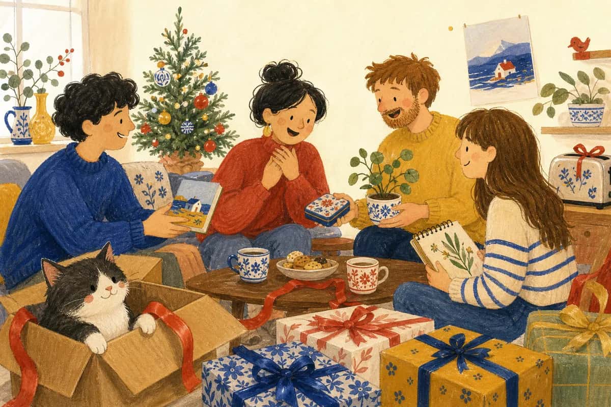 Alcune persone si scambiano piccoli regali di Natale personalizzati mentre un gatto si sistema in una scatola regalo vuota.