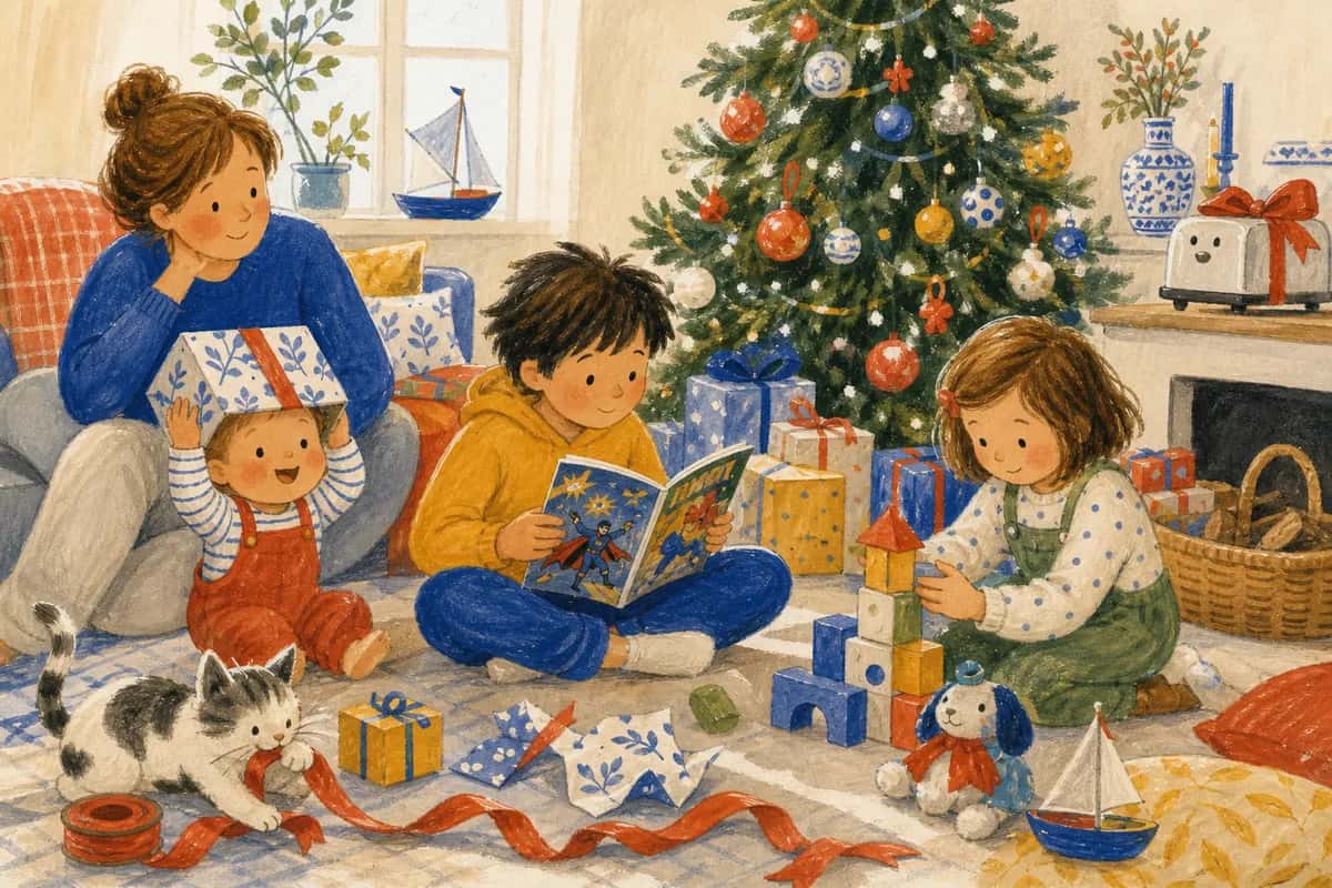 Des enfants d'âges différents découvrent leurs cadeaux près d'un sapin, tandis que le plus petit transforme une boîte vide en chapeau.
