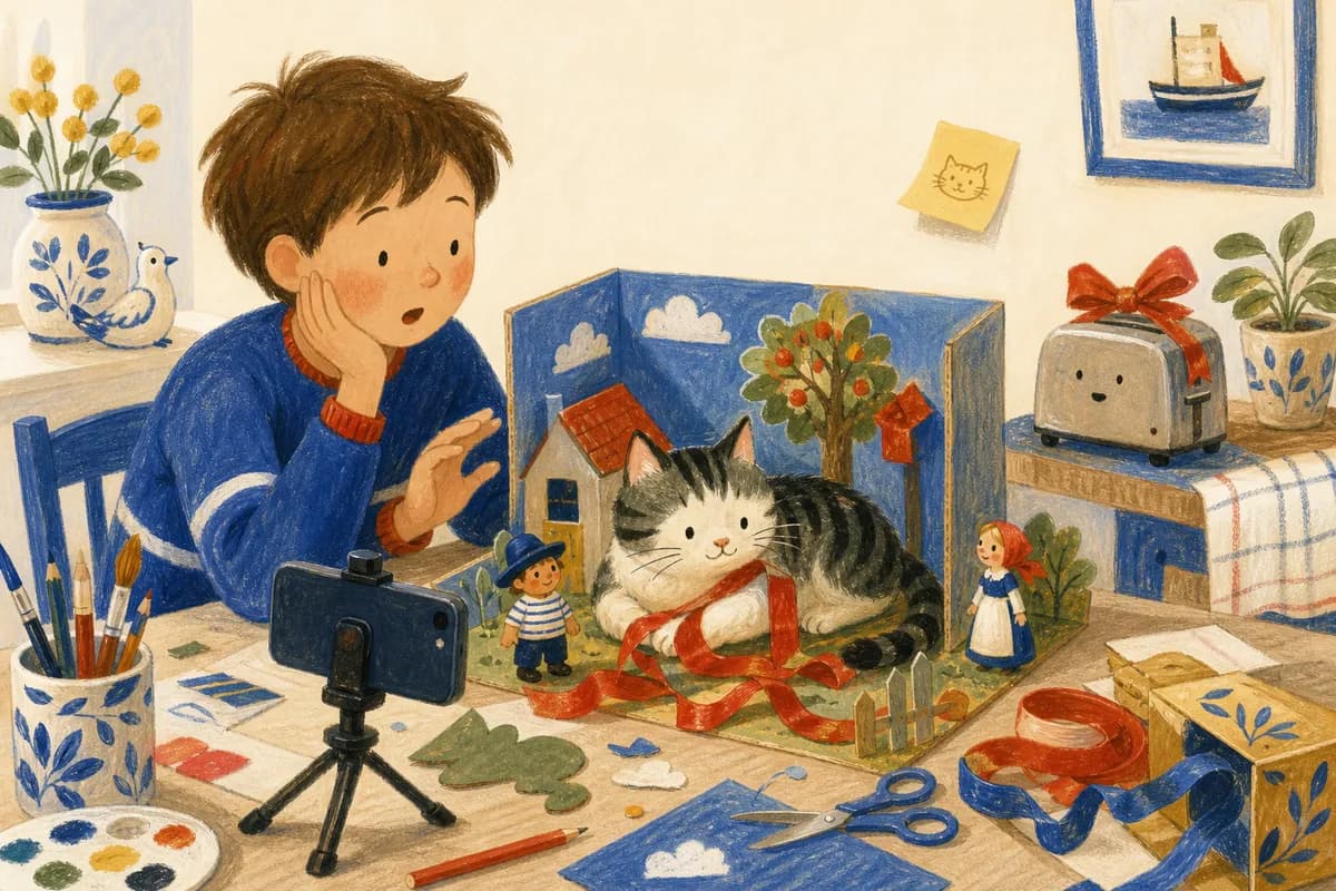 Un enfant filme une petite scène avec des figurines pendant qu'un chat s'installe au milieu du décor en carton.