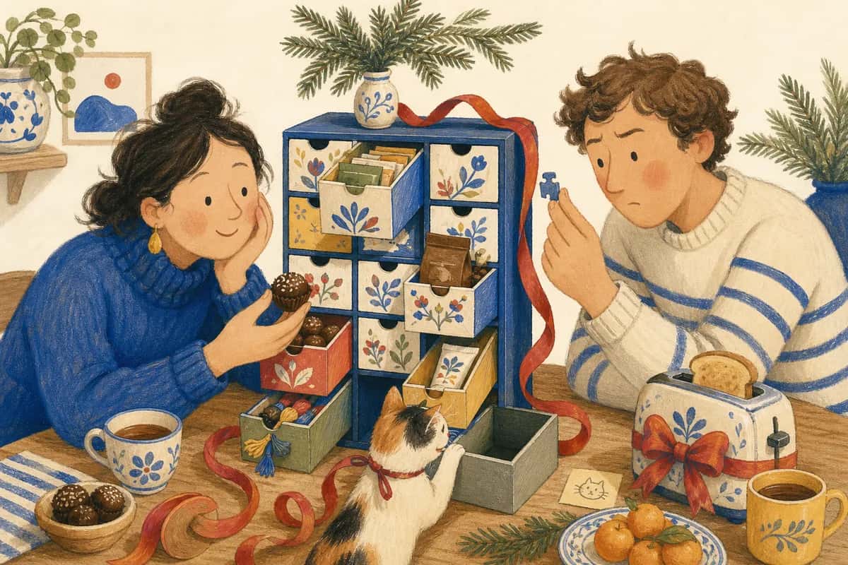 Deux adultes découvrent un calendrier de l’avent garni de thé, de café, de chocolat et de petites activités, sous le regard curieux d’un chat.