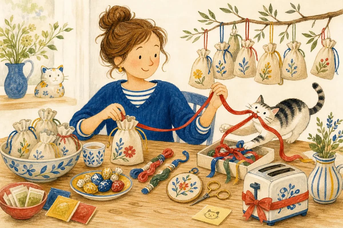 Une personne remplit les pochettes d’un calendrier de l’avent maison pendant qu’un chat lui dérobe un ruban.
