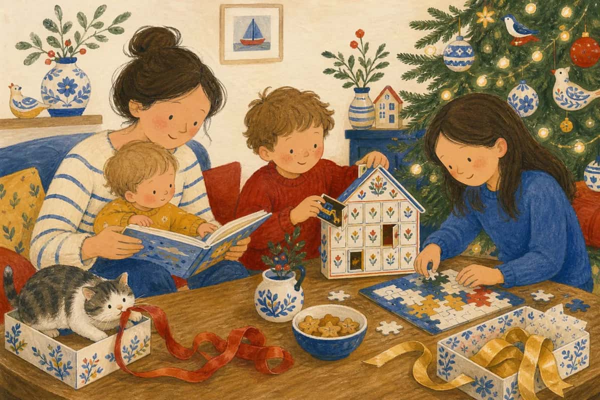 Un parent et trois enfants découvrent des livres, un calendrier de construction et un puzzle, tandis qu’un chat tente de se glisser dans une boîte trop petite.