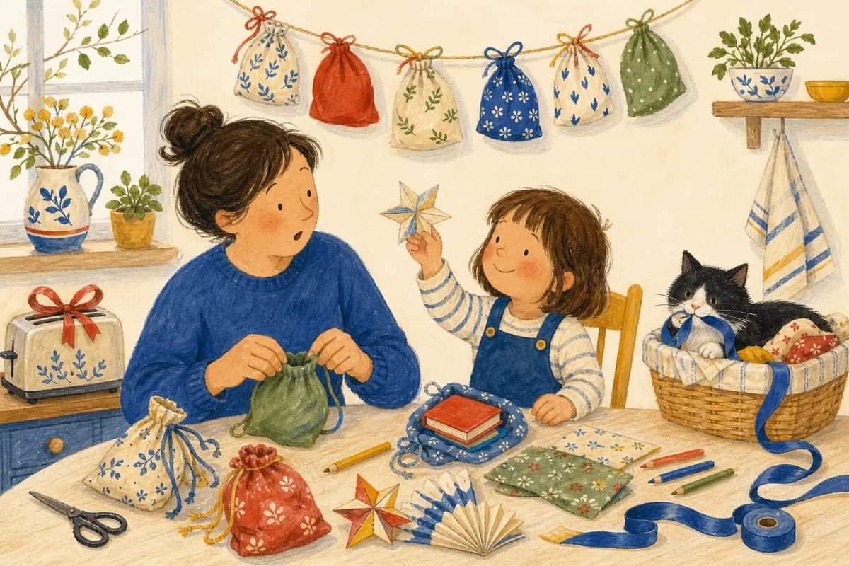 Un parent et un enfant préparent des pochettes pour un calendrier de l’Avent maison ; le chat s’est installé dans leur panier.