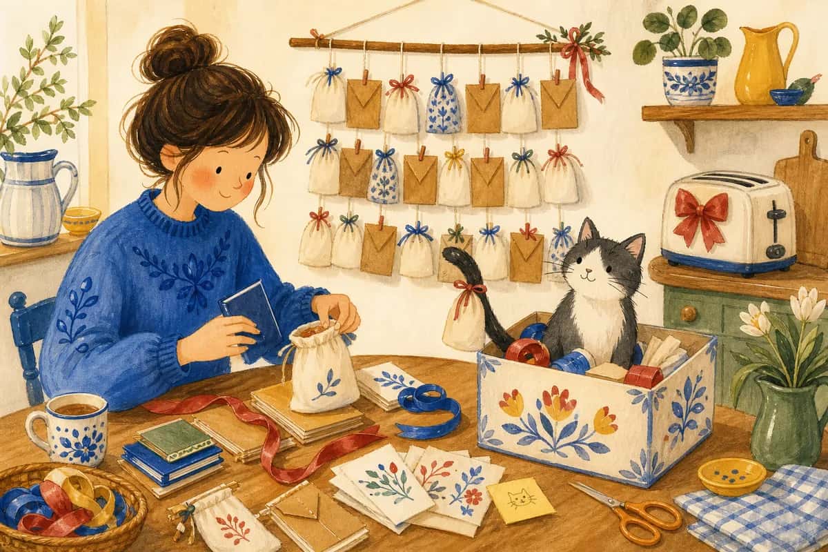 Une personne remplit des pochettes de l'Avent sur une table tandis qu'un chat s'installe dans la boîte de fournitures.