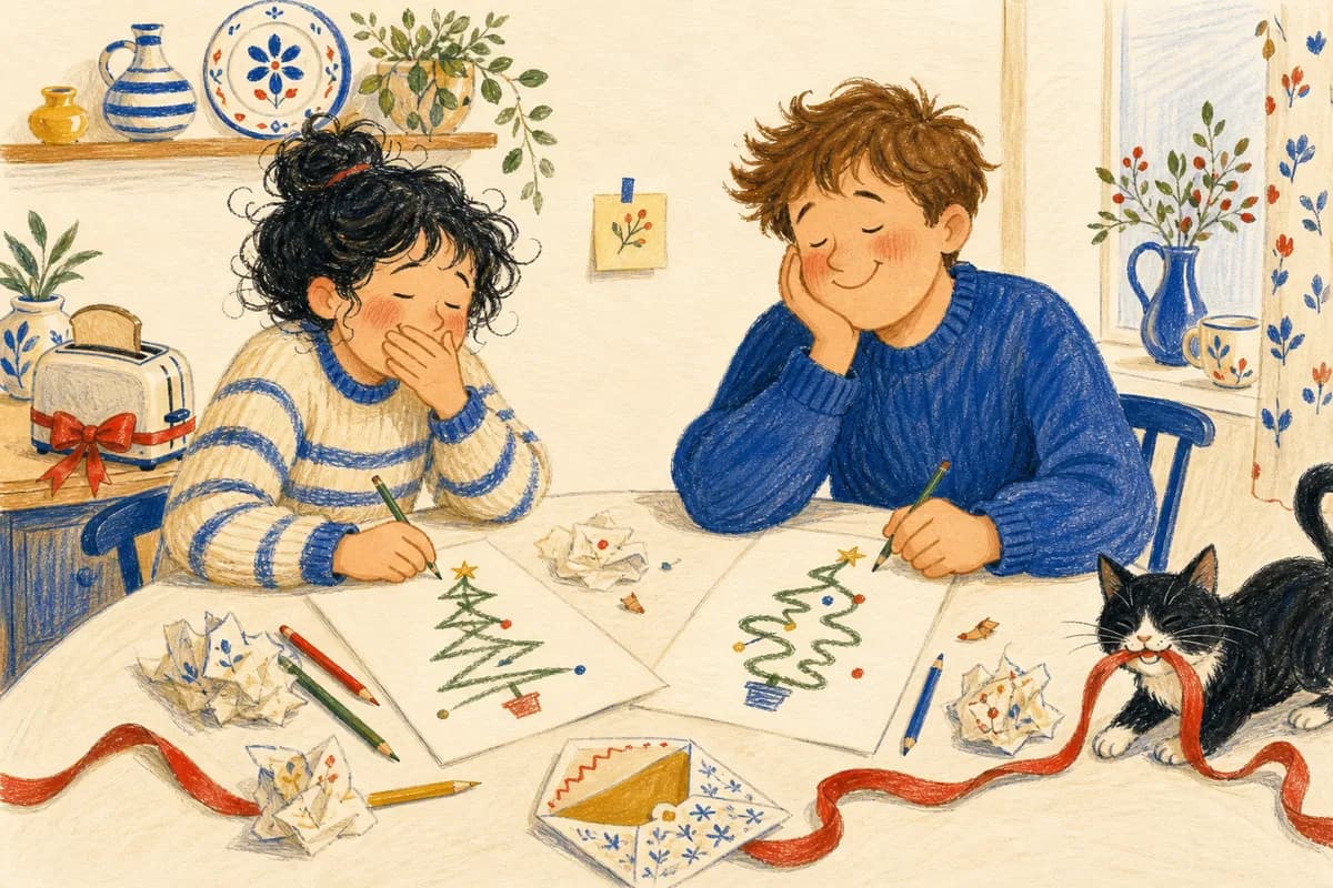 Deux personnes dessinent des sapins les yeux fermés pendant une activité surprise, avec des résultats joyeusement biscornus.