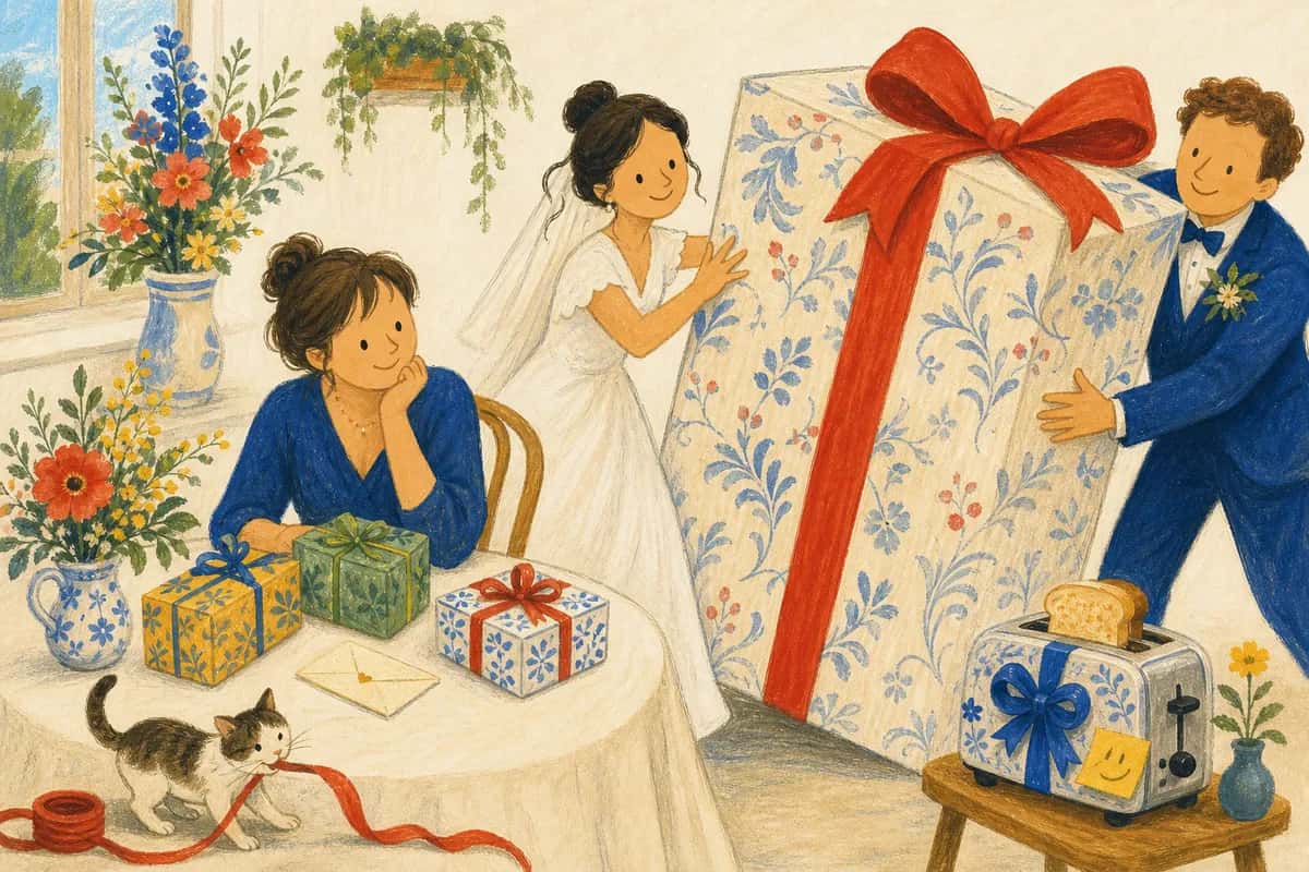 Un invité compare quelques cadeaux de mariage pendant qu'un couple de mariés souriant l'aide à écarter une immense boîte.