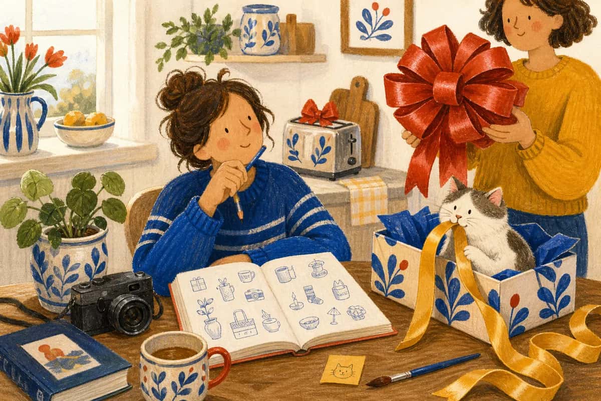 Una persona prepara la propria lista dei desideri tra oggetti diversi, mentre un gatto si sistema in una scatola regalo.