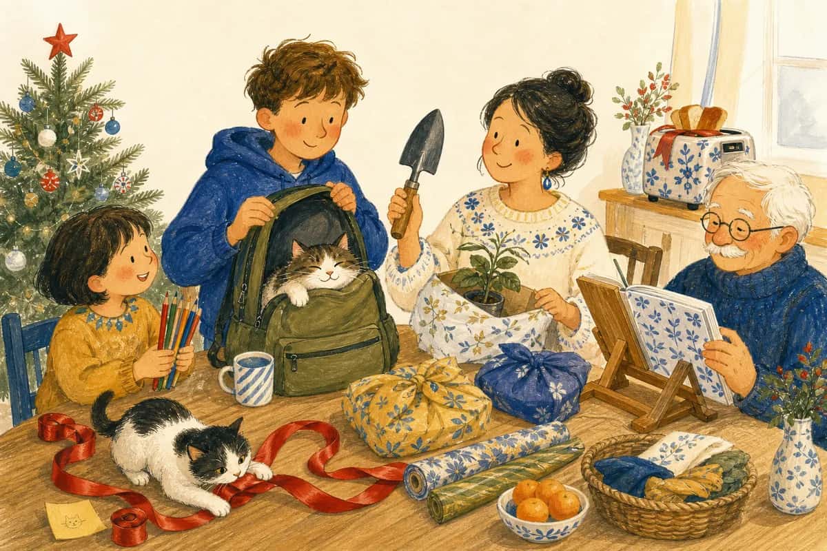 Une famille compare des cadeaux utiles autour d'une table de Noël tandis qu'un chat s'installe dans un sac à dos ouvert.