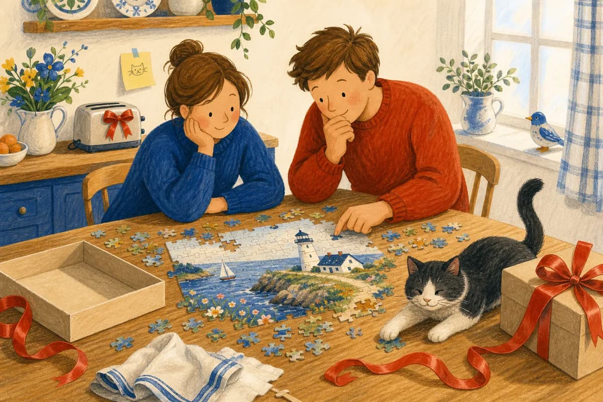 Deux personnes vérifient les pièces d'un puzzle d'occasion sur une table tandis qu'un chat cache la dernière pièce sous sa patte.