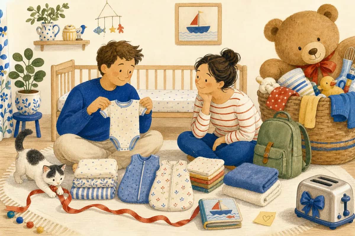 Deux futurs parents sélectionnent quelques essentiels pour bébé, tandis qu’une peluche géante dépasse d’un panier d’accessoires superflus.