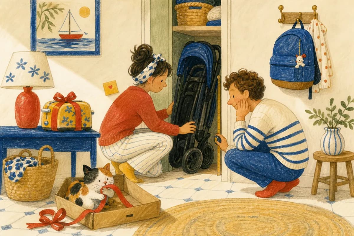 Deux futurs parents vérifient qu’une poussette pliée entre dans leur placard d’entrée, pendant qu’un chat s’installe dans son carton.