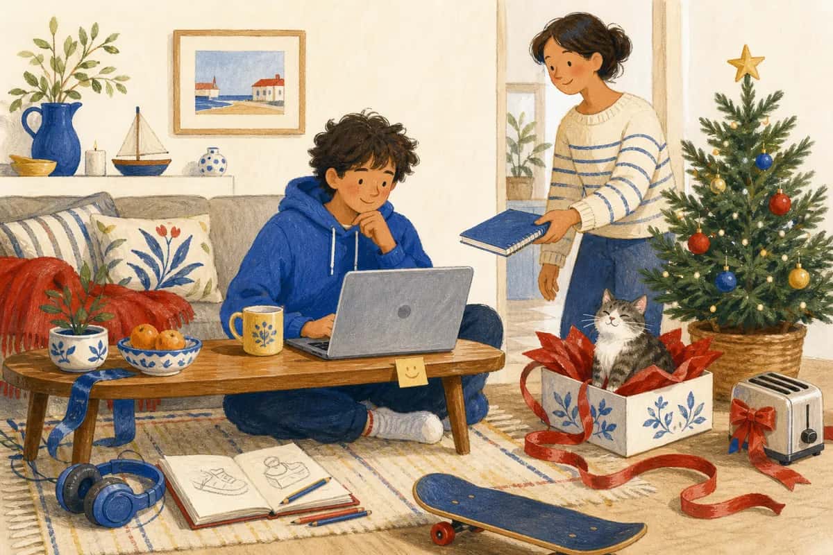 Un ado prépare sa liste de Noël pendant qu'un parent lui tend un carnet et qu'un chat s'installe dans une boîte cadeau.