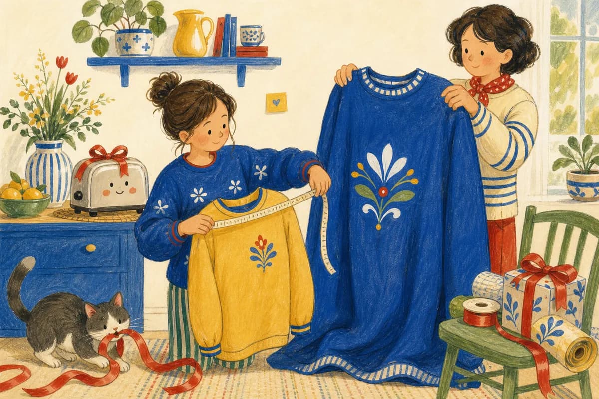 Une adolescente vérifie la taille d'un sweat avec un mètre ruban tandis qu'un proche tient un sweat beaucoup trop grand.