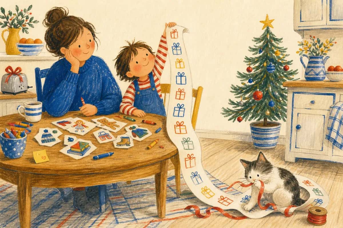 Un enfant et son parent préparent une liste de Noël illustrée si longue qu'elle déroule jusqu'au chat, assis sur le papier.