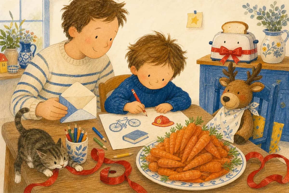 Un enfant décore sa lettre au Père Noël, près d'un tas de carottes et d'un renne en peluche prêt à passer à table.