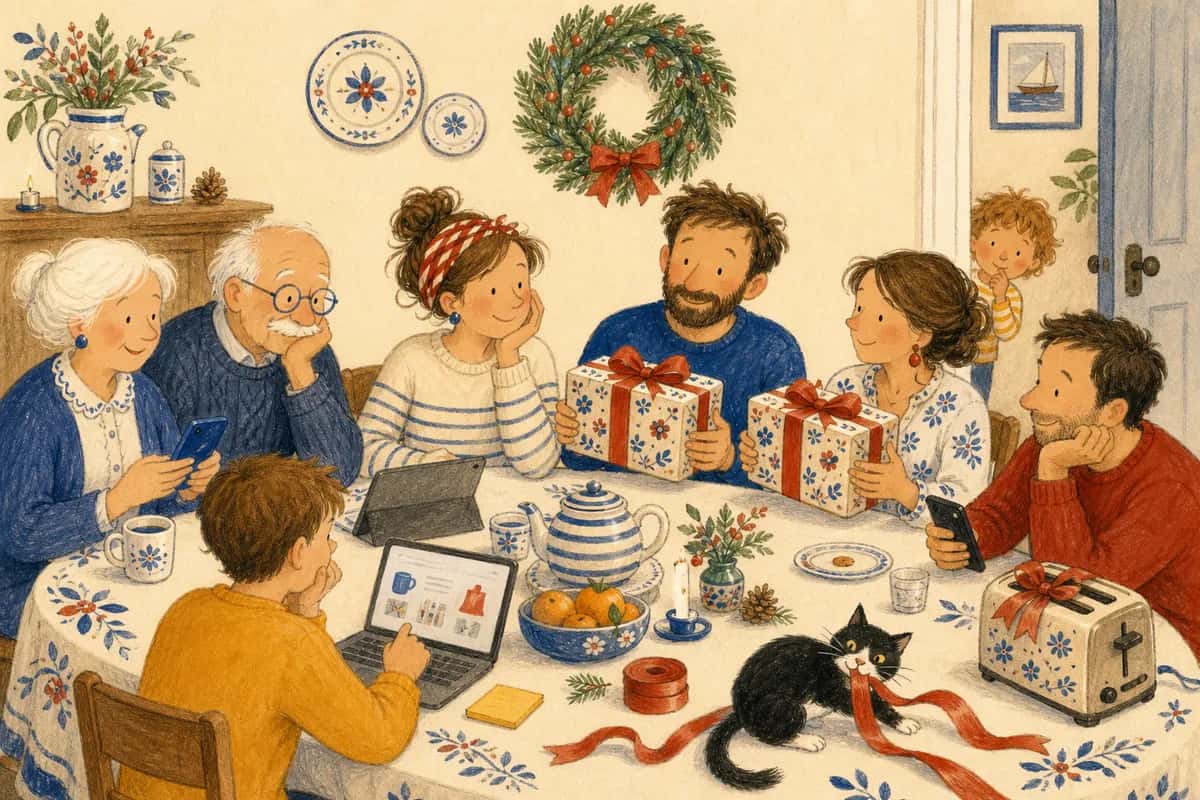 Una familia prepara sus listas de Navidad alrededor de una mesa mientras dos familiares descubren que han elegido el mismo regalo.