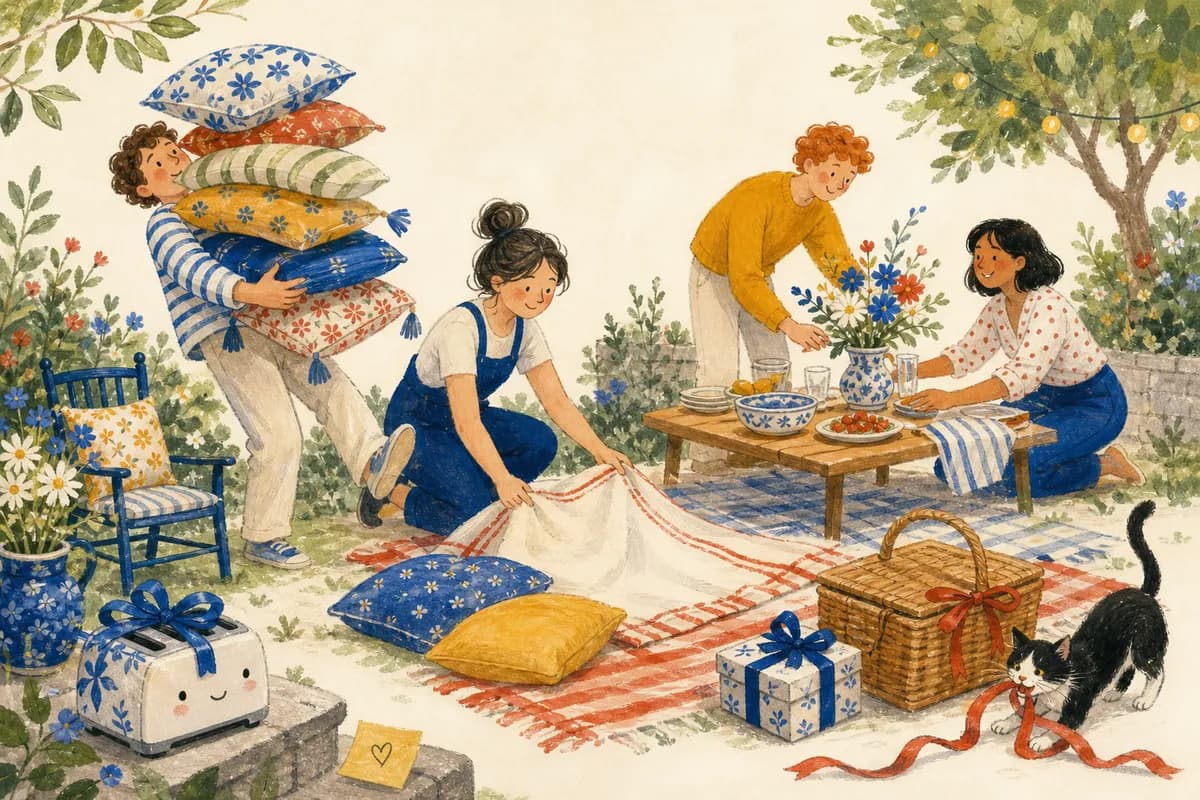 Eine Freundesgruppe bereitet ein festliches Picknick vor, während eine Trauzeugin versucht, einen unhandlichen Stapel Kissen zu tragen.