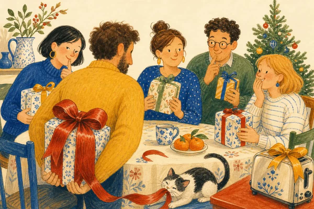 Des amis échangent leurs cadeaux de Père Noël secret ; un gros ruban trahit un paquet caché derrière le dos d’un participant.