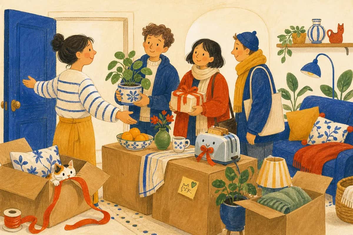 Des amis arrivent pour une crémaillère tandis que leur hôte utilise un carton de déménagement comme petite table d’accueil.
