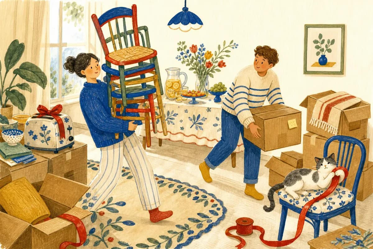 Deux amis préparent le salon pour la crémaillère, l’un portant des chaises empruntées et l’autre dégageant un passage entre les cartons.