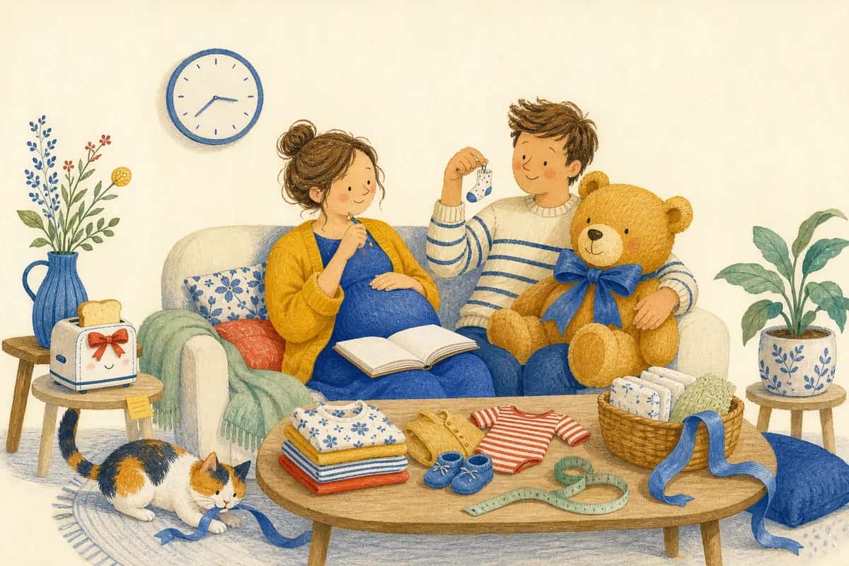 Un parent enceinte prépare sa liste de naissance sur le canapé, tandis que son partenaire compare une minuscule chaussette à un énorme ours en peluche.