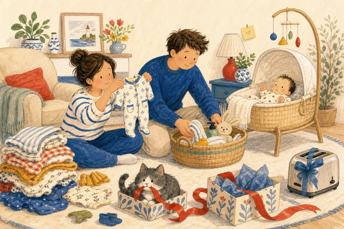 Deux parents trient les cadeaux près de leur bébé dans son berceau, tandis qu’un chat se glisse dans une boîte trop petite.